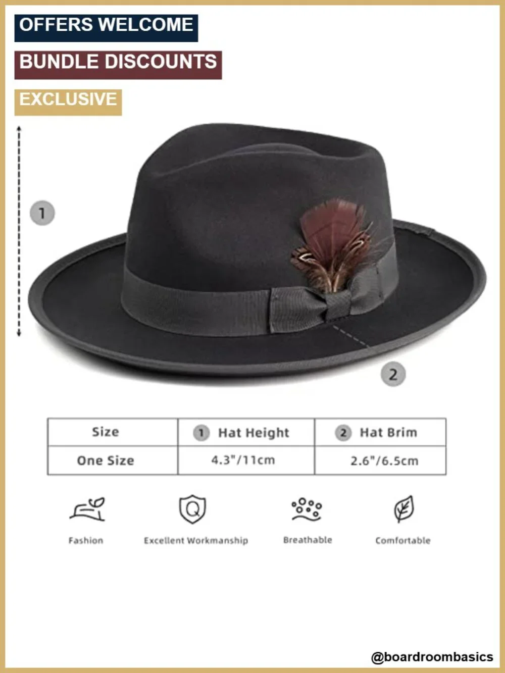Wide Brim Fedora Hat with Removable Feathers, Adjustable Strap, Cotton Blend,